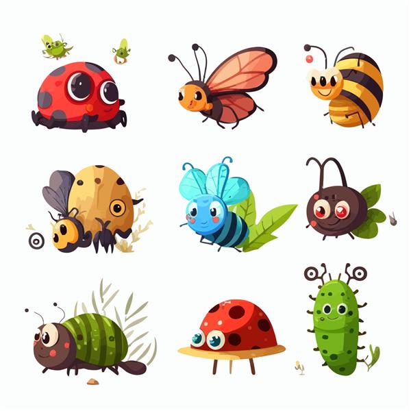مجموعه ای از حشرات زیبا جدا شده بر روی تصویر وکتور مسطح کارتونی پس زمینه