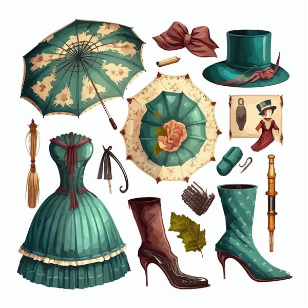 ست چکمه های کلاه چتری و دستکش اقلام زنانه ایزوله شده بر روی تصویر وکتور مسطح کارتونی پس زمینه