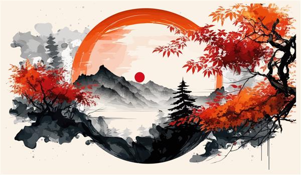 شاخ و برگ های پاییزی کوه های آبی مه آلود و خورشید قرمز در تصویر برداری سنتی مینیمالیستی به سبک ژاپنی