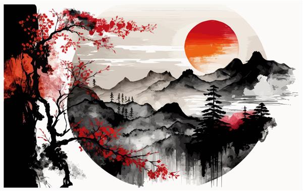 شاخ و برگ های پاییزی کوه های آبی مه آلود و خورشید قرمز در تصویر برداری سنتی مینیمالیستی به سبک ژاپنی