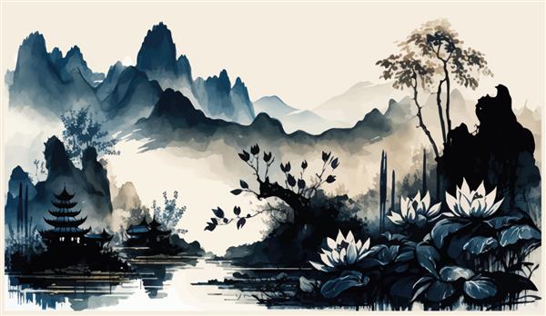 منظره شرقی با گل‌های نیلوفر آبی و کوه‌های آبی در تصویر برداری سنتی به سبک مینیمالیستی ژاپنی