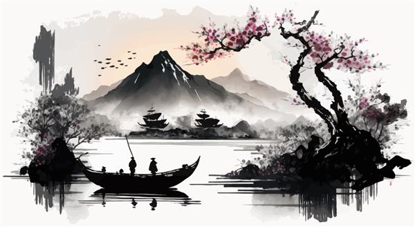 منظره نقاشی شستشوی جوهر مینیمالیستی با قایق های ماهیگیری و ساحل دریا در تصویر برداری سنتی به سبک مینیمالیستی ژاپنی شرقی