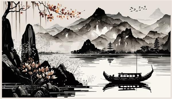 منظره شرقی با شکوفه ساکورای نیلوفر آبی قایق ماهیگیری و کوه‌های آبی دوردست در تصویر برداری سنتی به سبک مینیمالیستی ژاپنی