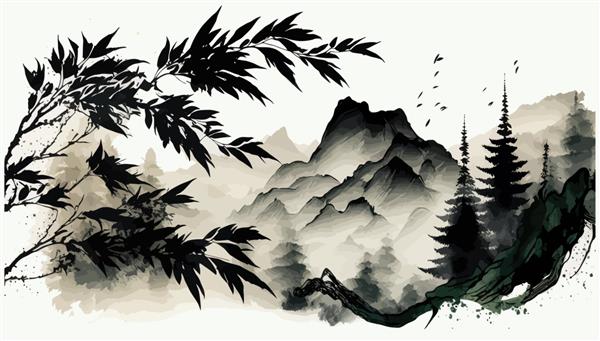 برگ‌های علف روی باد و کوه‌های آبی دور در تصویر برداری سنتی شرقی مینیمالیستی به سبک ژاپنی