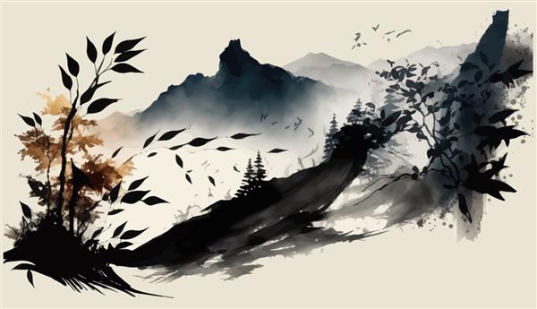 برگ‌های علف روی باد و کوه‌های آبی دور در تصویر برداری سنتی شرقی مینیمالیستی به سبک ژاپنی