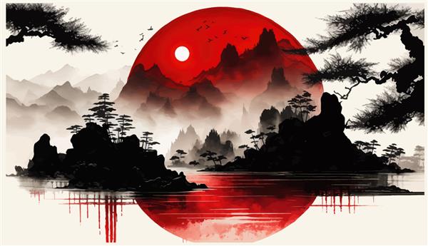منظره ای با خورشید بزرگ قرمز و کوه های مه آلود که در تصویر برداری آب منعکس می شوند