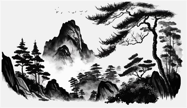 منظره ای با کوه بلند بر فراز تپه های جنگلی در تصویر برداری سنتی شرقی مینیمالیستی به سبک ژاپنی