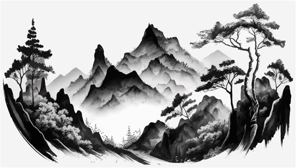 منظره مینیمالیستی با کوه های مه آلود در پس زمینه سفید در تصویر برداری سنتی شرقی مینیمالیستی به سبک ژاپنی