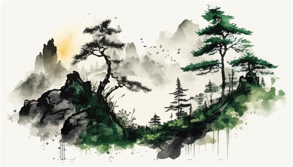 منظره ای با کوه بلند بر فراز تپه های جنگلی در تصویر برداری سنتی شرقی مینیمالیستی به سبک ژاپنی