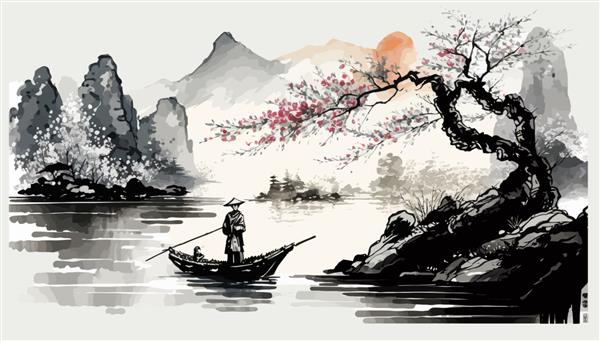 نقاشی جوهر از منظره مه آلود با ماهیگیر در یک قایق در تصویر برداری سنتی شرقی مینیمالیستی به سبک ژاپنی