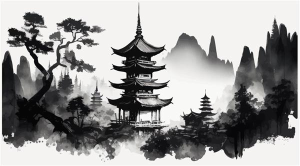 نقاشی شستشوی جوهر با کوه های جنگلی مه آلود و معبد بتکده به سبک وینتیج