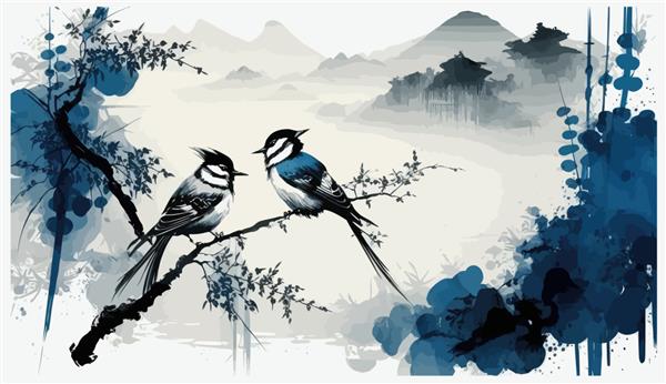 دو پرنده روی درخت بامبو و کوه‌های آبی دور در تصویر برداری سنتی شرقی مینیمالیستی به سبک ژاپنی