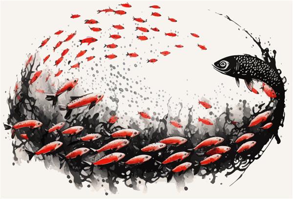 نقاشی با جوهر با مدرسه بزرگ ماهی های قرمز کوچک