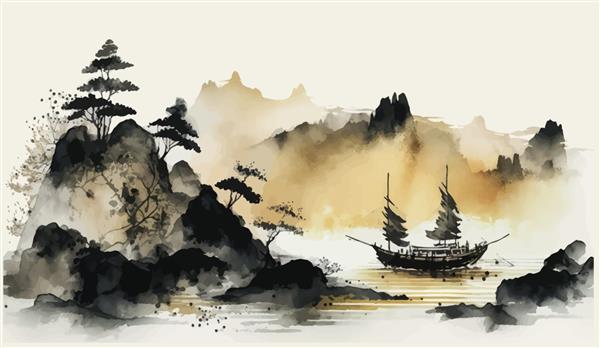 منظره نقاشی شستشوی جوهر مینیمالیستی با قایق های ماهیگیری و ساحل دریا در تصویر برداری سنتی به سبک مینیمالیستی ژاپنی شرقی