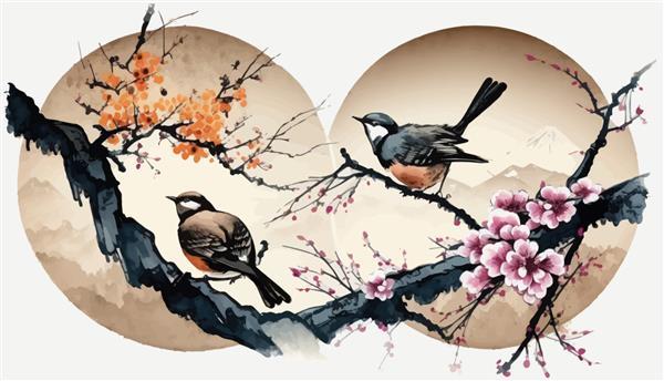تصویر برداری دو پرنده روی شاخه درخت ساکورای شکوفا