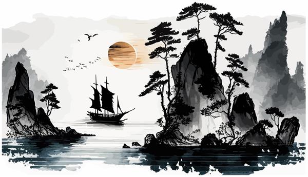 منظره شرقی طلوع خورشید با قایق بادبانی ماهیگیری در تصویر برداری سنتی شرقی مینیمالیستی به سبک ژاپنی