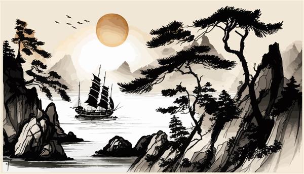 منظره شرقی طلوع خورشید با قایق بادبانی ماهیگیری در تصویر برداری سنتی شرقی مینیمالیستی به سبک ژاپنی