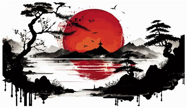 نقاشی جوهری از منظره صبح با خورشید قرمز بزرگ در تصویر برداری سنتی شرقی مینیمالیستی به سبک ژاپنی