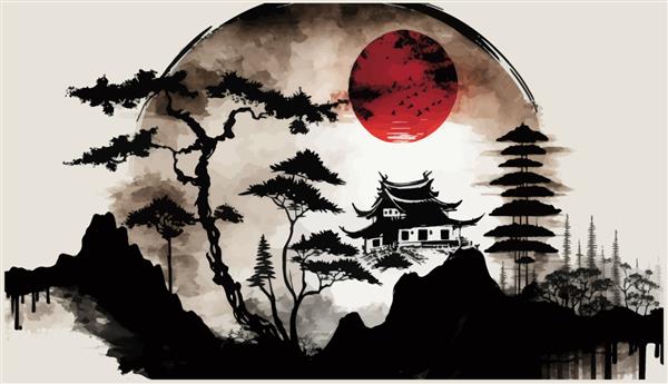 منظره چینی با خانه کوچک زیر درخت بزرگ روی تپه بلند و تصویر برداری خورشید قرمز بزرگ