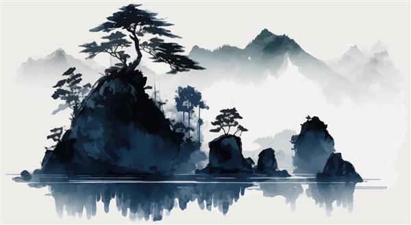 جزیره مه آلود آبی با درختان جنگلی در تصویر برداری سنتی به سبک ژاپنی مینیمالیستی شرقی