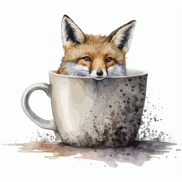 روباه خنده دار در فنجان خاکستری در تصویر برداری جدا شده به سبک سه بعدی