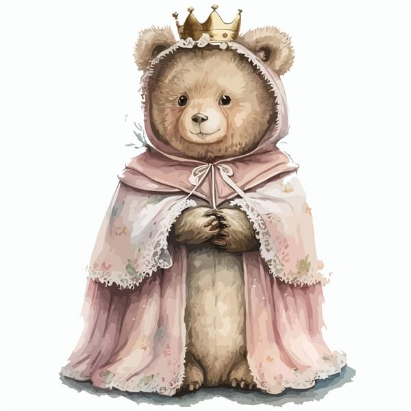 ملکه خرس عروسکی با تاج و شنل صورتی در تصویر برداری جدا شده به سبک سه بعدی