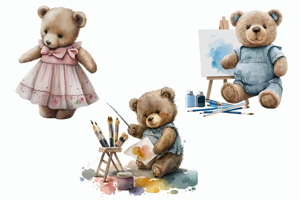 مجموعه ای با دختر و پسر خرس های عروسکی که در حال نقاشی یک تصویر به سبک سه بعدی تصویر برداری جدا شده