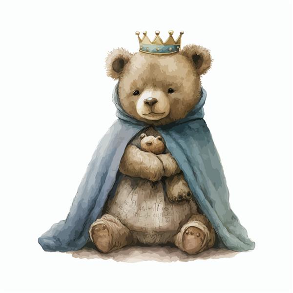 خرس مخمل دار در لباس پادشاه در تصویر برداری جدا شده به سبک سه بعدی