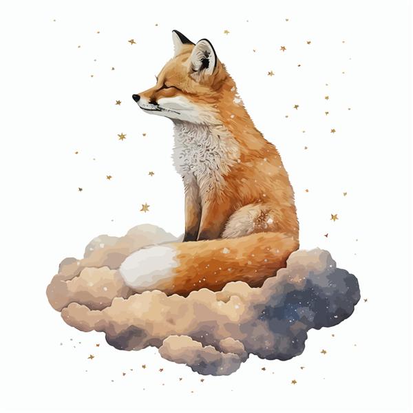 روباه کوچولو که روی ابر نشسته و ستاره در تصویر برداری جدا شده به سبک سه بعدی
