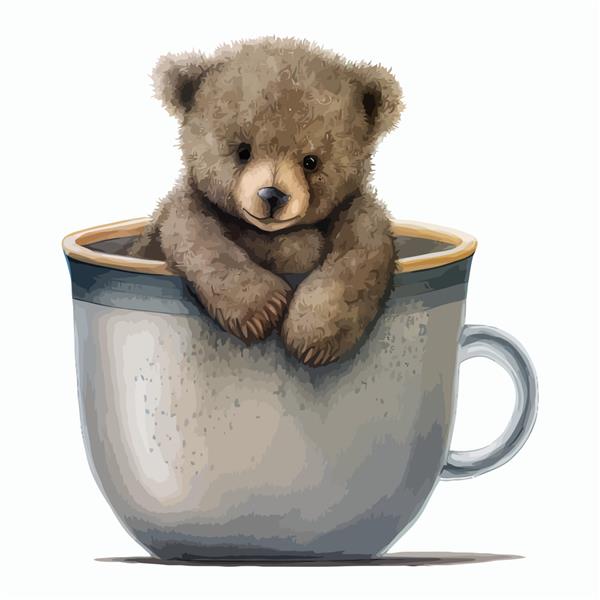 خرس عروسکی در فنجان خاکستری در تصویر برداری جدا شده به سبک سه بعدی