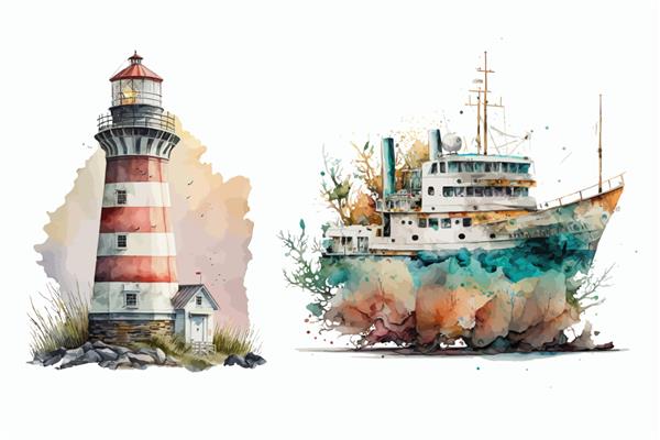 فانوس دریایی و کشتی در تصویر برداری جدا شده به سبک سه بعدی