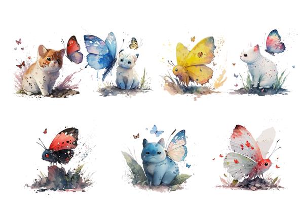 مجموعه ای با پروانه ها و حیوانات در تصویر برداری جدا شده به سبک آبرنگ