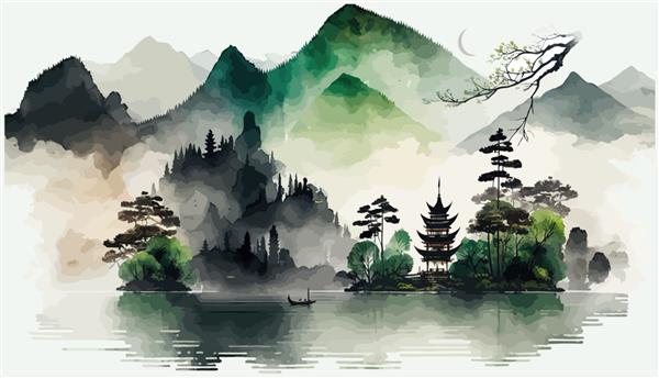 چشم انداز دریاچه و کوه در پس زمینه سبک چینی در تصویر برداری سنتی به سبک ژاپنی مینیمالیستی شرقی