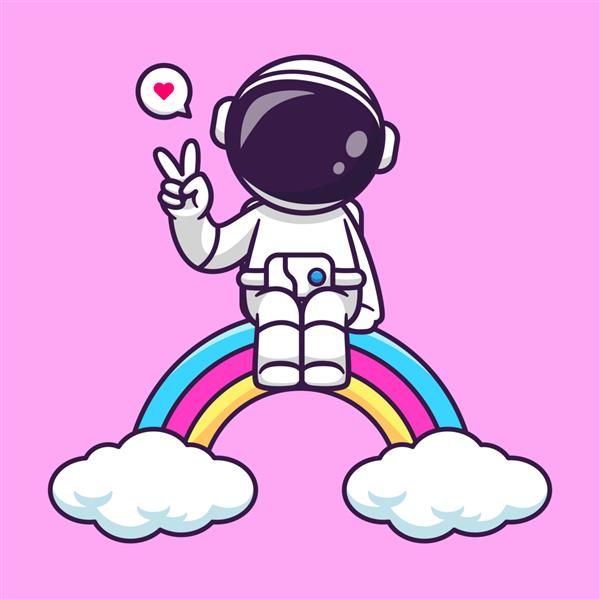 فضانورد ناز روی رنگین کمان با نماد صلح وکتور آیکون تصویر علمی تکنو