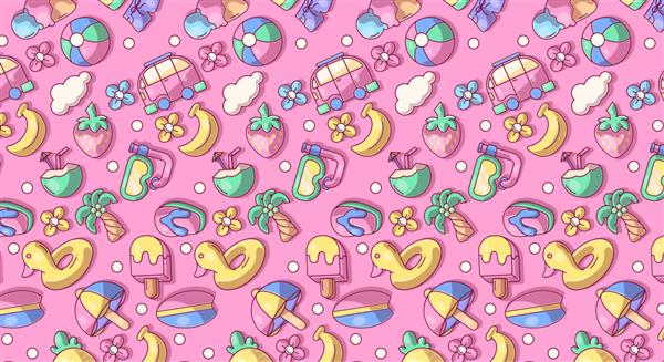 تصویر برداری مجموعه سلام تابستان از نمادهای تابستانی ابله خنده دار رنگارنگ مانند عینک آفتابی درخت نخل بستنی فلامینگو کاکتوس تخته موج سواری آناناس و هندوانه