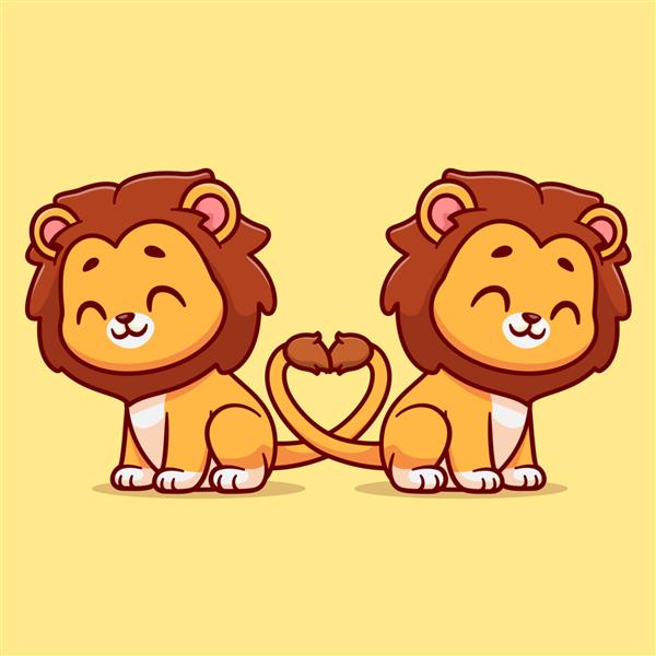 زوج شیر ناز با عشق دم قلب کارتونی آیکون تصویر وکتور نماد طبیعت حیوانات جدا شده