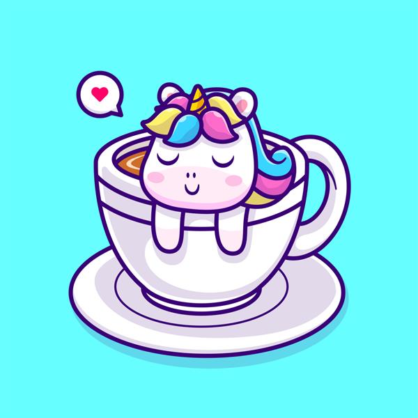 اسب شاخدار ناز که در فنجان قهوه خوابیده است وکتور کارتونی تصویر نماد نوشیدنی حیوانی جدا شده