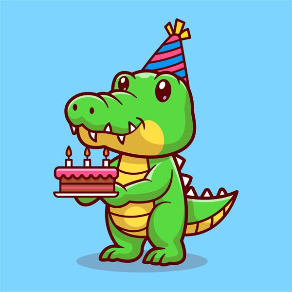 تمساح ناز که کیک تولد را در دست دارد کارتونی آیکون وکتور تصویر آیکون طبیعت حیوانات جدا شده