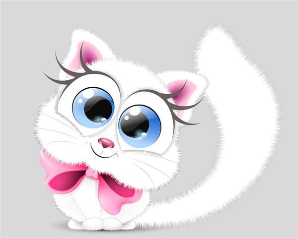 بچه گربه دختر کارتونی سفید کرکی و ناز با کمان صورتی