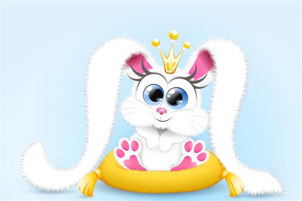 شاهزاده خانم خرگوش کارتونی کوچک کرکی با تاج و گوش های بلند روی بالش زرد می نشیند