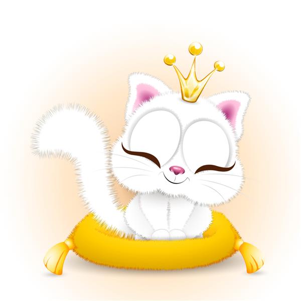 بچه گربه کارتونی سفید کرکی و ناز روی بالش زرد می نشیند