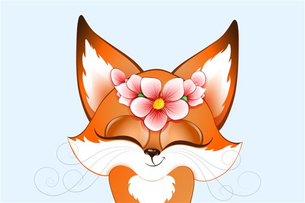 روباه کارتونی قرمز کرکی از نزدیک با تاج گل