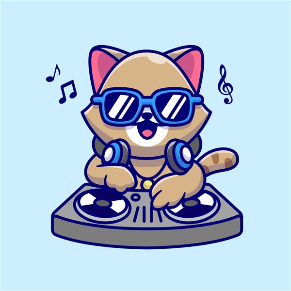 گربه ناز در حال پخش موسیقی دی جی با هدفون وکتور تصویر کارتونی نماد نماد موسیقی حیوانات مفهوم نماد نماد