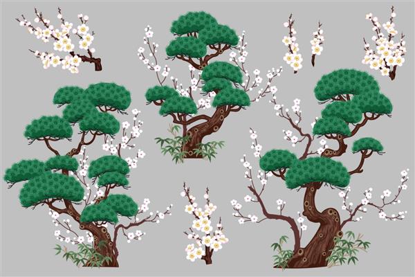 مجموعه ای از عناصر نقاشی چینی وکتور درختان کاج و بوته های بامبو شکوفه آلو