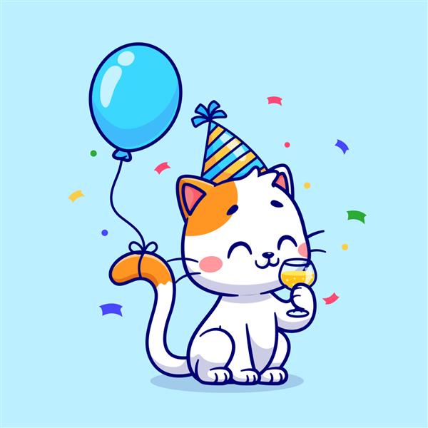 جشن تولد گربه ناز با تصویر آیکون وکتور کارتونی بالن نماد تعطیلات حیوانات جدا شده