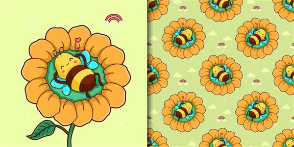 مجموعه الگوی بدون درز طراحی شده با دست با زنبور ناز که روی گل خوابیده است