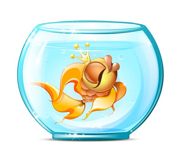 کارتونی دختر ماهی زیبای طلایی در آکواریوم با تاج