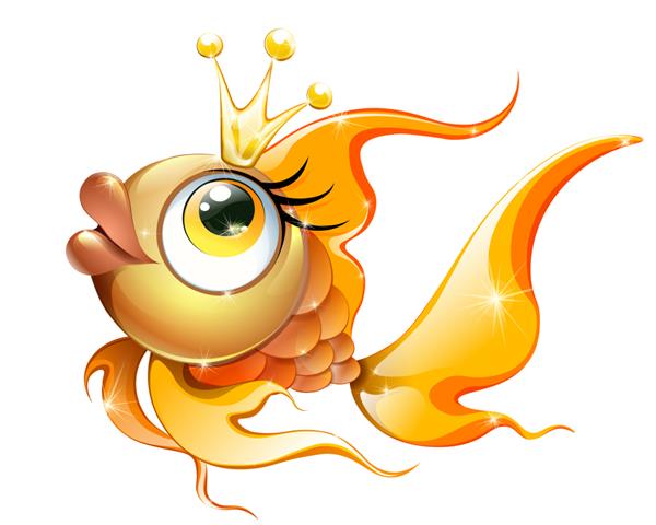 ماهی طلایی جادویی کارتونی زیبا با تاج جدا شده در پس زمینه سفید