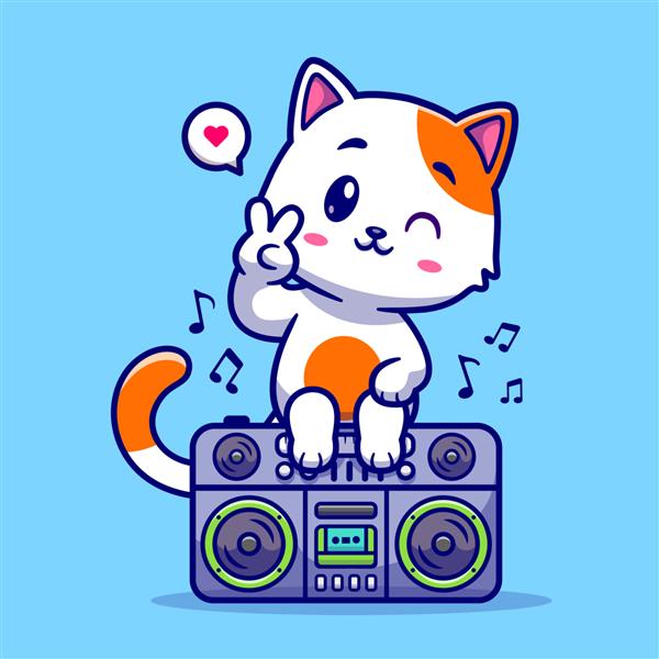 گربه ناز نشسته روی بوم باکس کارتونی رادیویی وکتور تصویر آیکون موسیقی حیوانات نماد کارتونی تخت