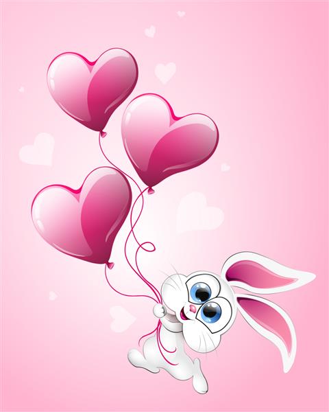 اسم حیوان دست اموز کارتونی ناز با بادکنک های قلبی در دستانش کارت روز ولنتاین را دور می زند
